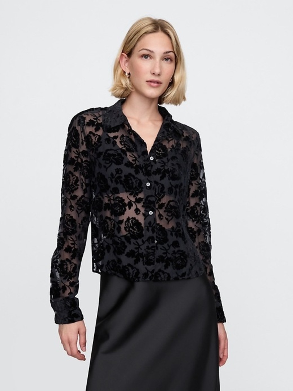EUC GAP Black Floral Recycled Velvet Crop Button Up Sheer Shirt